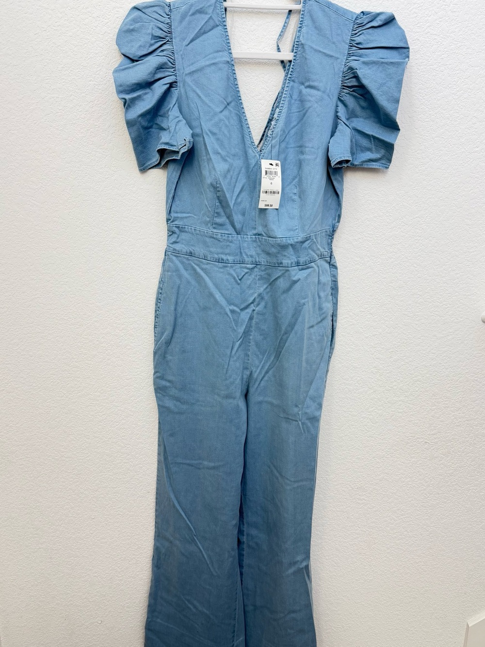 Bar III Light Blue Denim Deep V Puff-Sleeve Jumpsuit Cotton blend